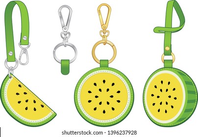 Yellow watermelon key chain/ bag charm, semicircular watermelon tag with detachable strap, vector illustration sketch template