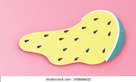 Yellow watermelon melts because of hot weather on sand beach. Design watermelon for summer. Graphic design for Summer. paper craft and cut style. vector, illustration.