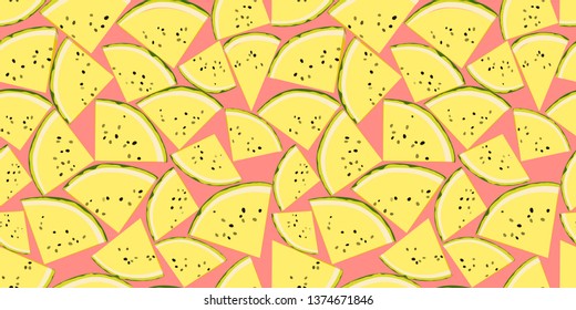 Yellow watermelon on pink background - cute seamless pattern lovely print for textiles, paper, cover, backpack, clothing, packaging design, corporate identity organic cafe