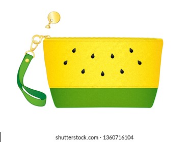 yellow watermelon purse/ cosmetic bag, daily zip pouch with detachable wrist strap, vector illustration sketch template