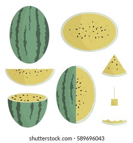 Yellow watermelon set with half, quarter, slice, rind