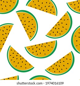 Yellow watermelon vector hand-drawn seamless texture. Vivid juicy summer tropical vector pattern. Yellow sweet watermelon slices on sand beach