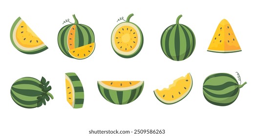 Yellow watermelon vector illustration set, hybrid yellow water melon slice, semangka kuning clip art, piece of watermelon isolated on white background, yellow watermelon icon set