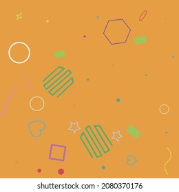 Yellow Wave Bright Circle Green Zigzag Stars Illustration. Pink Oval Blue Orange Hearts Purple Colorful Simple Hipster Art. Rectangle Pastel Violet Ring Simple Polygonal Red Geometrical Design.