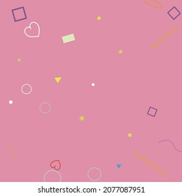 Yellow Wave Purple Square Colorful Polygonal Ring Hipster Background. Blue Simple Green Stars Pastel Hearts Red Geometry Illustration. Circle Orange Sweet Rectangle Oval Pink Violet Illustration.