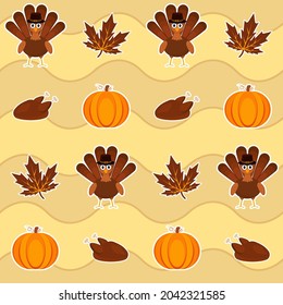 Yellow Wave Stripe Background Decorated With Thanksgiving Element In Sticker Style.