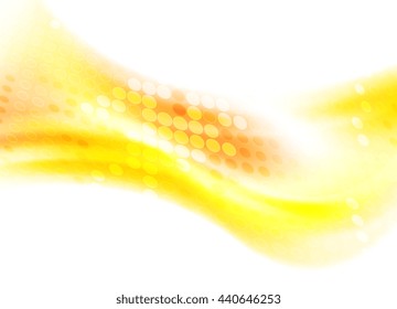 Yellow waves with shiny halftone circles on white background. Vector flow orange wavy graphic design
