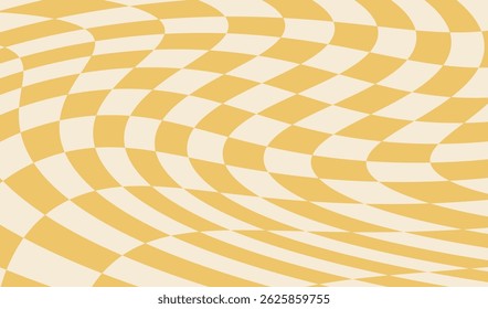 Yellow wavy groovy distorted checkered background. Twisted checker. Warped abstract geometric backdrop rectangle template. Optical Illusion.