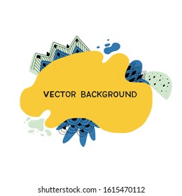 Yellow wavy layout decorated with blue and pastel green paint blobs and hand drawn geometric forms. Flowing shape banner for title, poster, headline, inscription. Flat style vector background