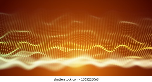 Yellow Wavy Particle Surface on Orange Background. Abstract Technology or Science Banner. Cyber Space Background. Particles with DOF Effect. EPS10 Vector Illustration.