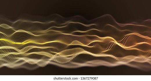 Superficie de partículas onduladas amarillas en fondo negro. Pancarta abstracta de tecnología o ciencia. Fondo del ciberespacio. Partículas con efecto DOF. Ilustración del vector EPS10.