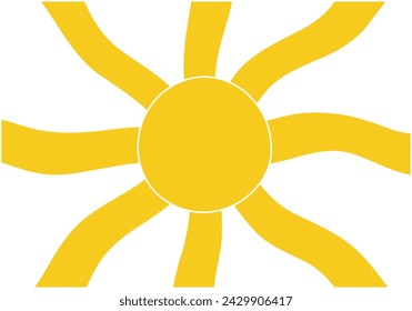 Yellow wavy rays sun on white background.