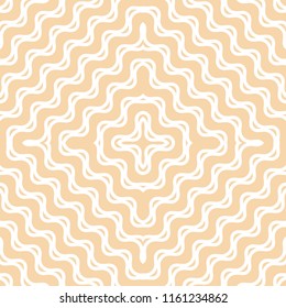 Yellow wavy seamless pattern. Abstract vector texture with concentric shapes, diagonal waves, curved lines, crosses, stripes. Subtle minimalist background. Stylish repeat design for decor, prints