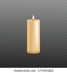 Yellow wax candle with burning wick isolated on dark transparent background - realistic fire on glowing thick vertical votive candle - vector illustration.