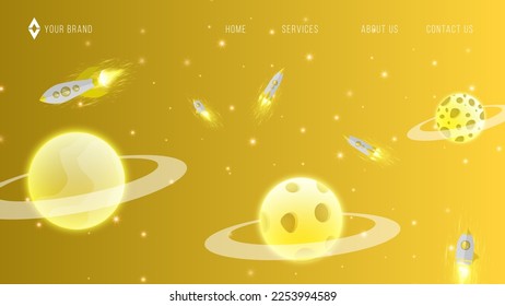 Yellow web banners templates. Presentation. Space explore. Children cartoon vector illustration. Science. Horizontal banners. EPS 10