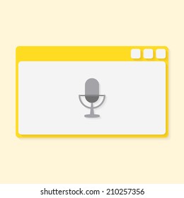 Yellow web window, with microphone icon. Flat design, with shadows. Colorful template window, with voice icon. Use for your UI design. Easy to edit. Vector illustration - EPS10.