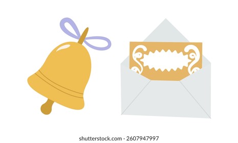 Yellow wedding bell with a purple ribbon next to an open envelope containing a decorative invitation card, flat cartoon style on white background. Vector illustration