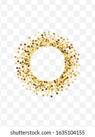 Yellow Wedding Glitter Texture. Metallic Polka Card. Golden Circle Isolated Template. Round Confetti Pattern. Gradient Modern Frame.