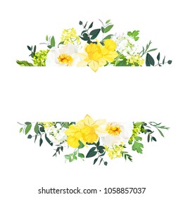 Yellow wedding horizontal botanical vector design banner. Daffodil, wild rose, white and green hydrangea, eucalyptus and wildflowers.Composition isolated on white background. All elements are editable