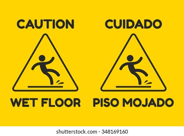 Yellow Wet Floor sign with text in English and Spanish ("Caution, Wet Floor"). Isolated vector illustration.