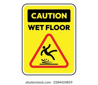 Yellow Wet Floor Warning Sign Vector. Yellow caution sign with falling figure in red triangle, warning of slippery conditions.