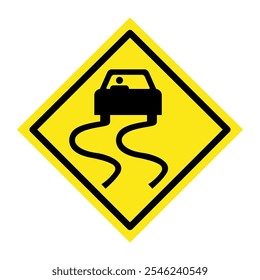 Yellow Wet Road Sign - Slippery symbol of a car on yellow roadsign with curvy tracks