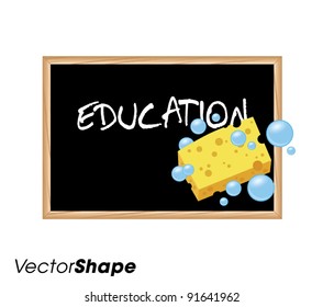 Yellow wet sponge with bubbles washing blackboard with the word education, vector illustration
