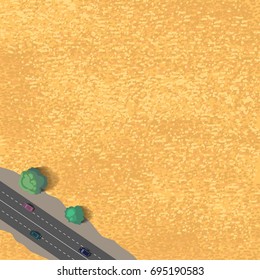 yellow wheat field background with road and cars