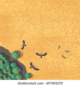 yellow wheat field background with trees and flying birds