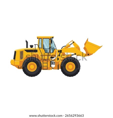 A yellow wheel loader with a large bucket raised, featuring black tires and a detailed cabin, commonly used for construction and earthmoving tasks.