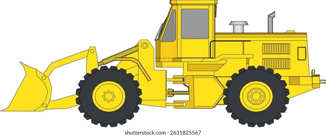 Vetor do carregador de roda amarelo isolado no fundo branco. Carregando pá. Equipamento de fabricação. Caminhão pneumático. Carregador frontal do trator. Máquina de equipamento pesado.