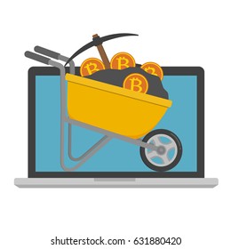 Yellow wheelbarrow filled with soil and pickaxe and bitcoin on computer laptop screen monitor. Vector illustration Bitcoin mining concept.