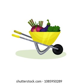 Yellow wheelbarrow with ripe vegetables. Healthy and fresh farm products. Organic food. Flat vector design
