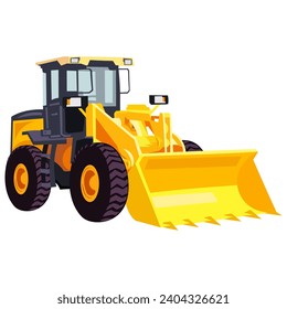 Imagen vectorial del bulldozer de construcción de ruedas amarillo. Colección de camiones de construcción 