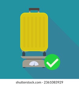 Yellow wheeled suitcase on a weighing scale with a green check on a blue background with shadow in a flat design style indicating baggage accepted without extra charge