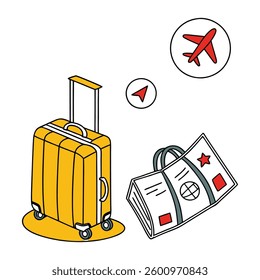 Yellow wheeled suitcase for travel. Cabin luggage. Plastic bag for flight. Journey concept. Time to tourism and vacation. Booking your next trip. Cartoon design icon set