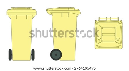 Yellow wheeled trash bin shown in front, side, and top views, featuring a hinged lid and two wheels for waste collection. Bin icon set. Trash can icon collection. Trash icons and delete button. Garbage bin symbol. Vector illustration.