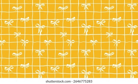 Yellow Whimsical Checkered Vector Seamless Pattern with Simple Ribbon Bows, Bold Color Summer Doodle Squares Travel Themed Design, Coquette Fabric Textile, Kitchen Tablecloth. Horizontal Background