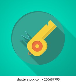 Yellow whistle with orange element flat icon on green background with long shadow design.