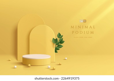 Yellow, white 3D background with realistic cylinder pedestal podium, Arch shape backdrop and green leaf scene. Minimal wall scene mockup product display. Abstract geometric platforms. Stage showcase.