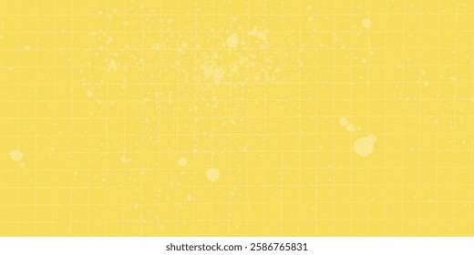 Yellow and white abstract design with dotted halftone pattern. Ink splashes and paint stains cover the checkered paper backdrop. Gritty texture.