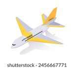 Yellow and white airplane isometric model, against a plain background, concept of air travel. Isometric 3d vector illustration