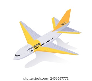 Yellow and white airplane isometric model, against a plain background, concept of air travel. Isometric 3d vector illustration