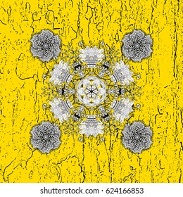 Yellow and white background with elements. White pattern. Floral pattern. Vector white floral ornament brocade textile pattern, doodles.