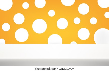 Gelber weißer Hintergrund. Polka-Punkte für den Hintergrund. Minimales 3D-Regal. Platz für die Anzeige von Produkten. Leeres Zimmer mit Licht-Effekt. Zimmer in der 3D. Vektorgrafik.