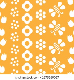 Yellow and white bees and flowers seamless repeat pattern tile, perfect for backgrounds, textures, wallpaper, surface pattern design, fabric, textiles, stationery and more.