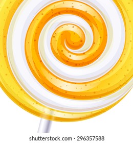 Yellow and white big lollipop spiral candy background. Vector illustration.