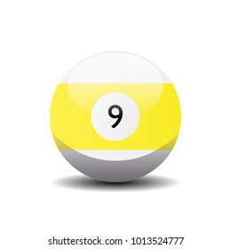 Yellow and white billiard ball with number nine 9. Vector 3d ilustration icon