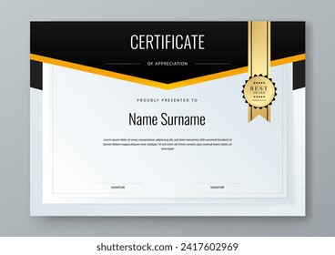 Yellow white and black certificate modern elegant for appreciation, achievement, awards diploma, corporate