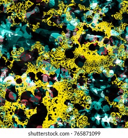 Yellow, white, blue, black colors. Grunge seamless texture with decorative elements. Abstract vector background for web page, banners backdrop, fabric, home decor, wrapping